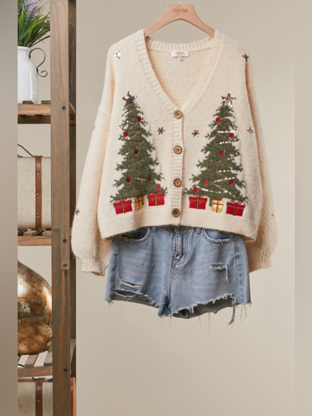 New 🔥 Mello Holiday Cardigan with Embroidered Christmas Trees - Unbranded